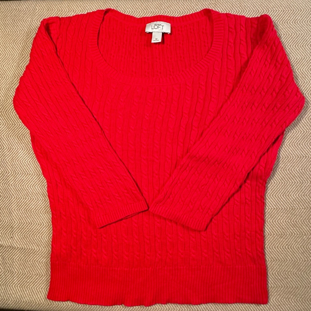 LOFT Women’s Cable Knit Sweater Medium Coral 3/4 Sleeve Lightweight Pullover